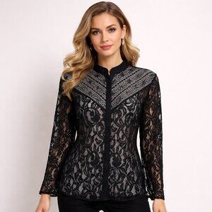 Black Lace Long-Sleeve Blouse With Sheer Design Worthington PXL